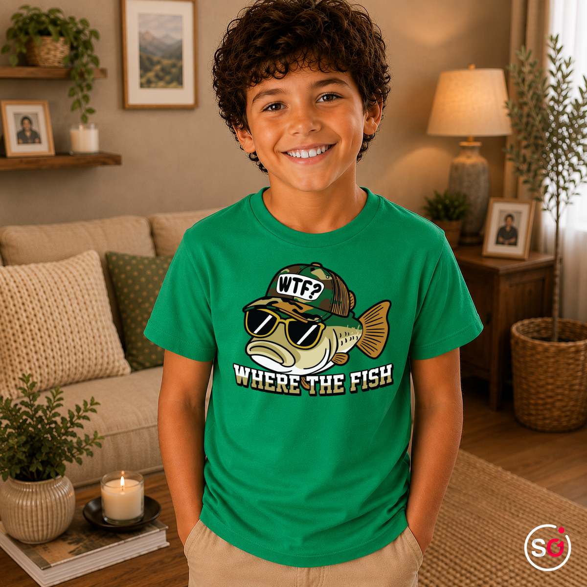 Kinder KellyGrün – Kinder T-Shirt mit coolem Fisch-Motiv und Angler-Spruch 'WTF - Where The Fish'
