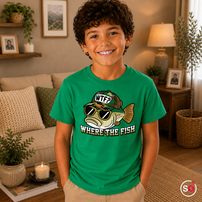 Kinder KellyGrün – Kinder T-Shirt mit coolem Fisch-Motiv und Angler-Spruch 'WTF - Where The Fish'