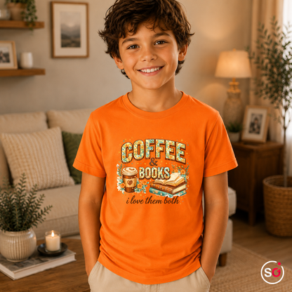 Kinder Orange – Kinder T-Shirt: 'Coffee & Books' Motiv mit Blumen – Ideal für kleine Leseratten