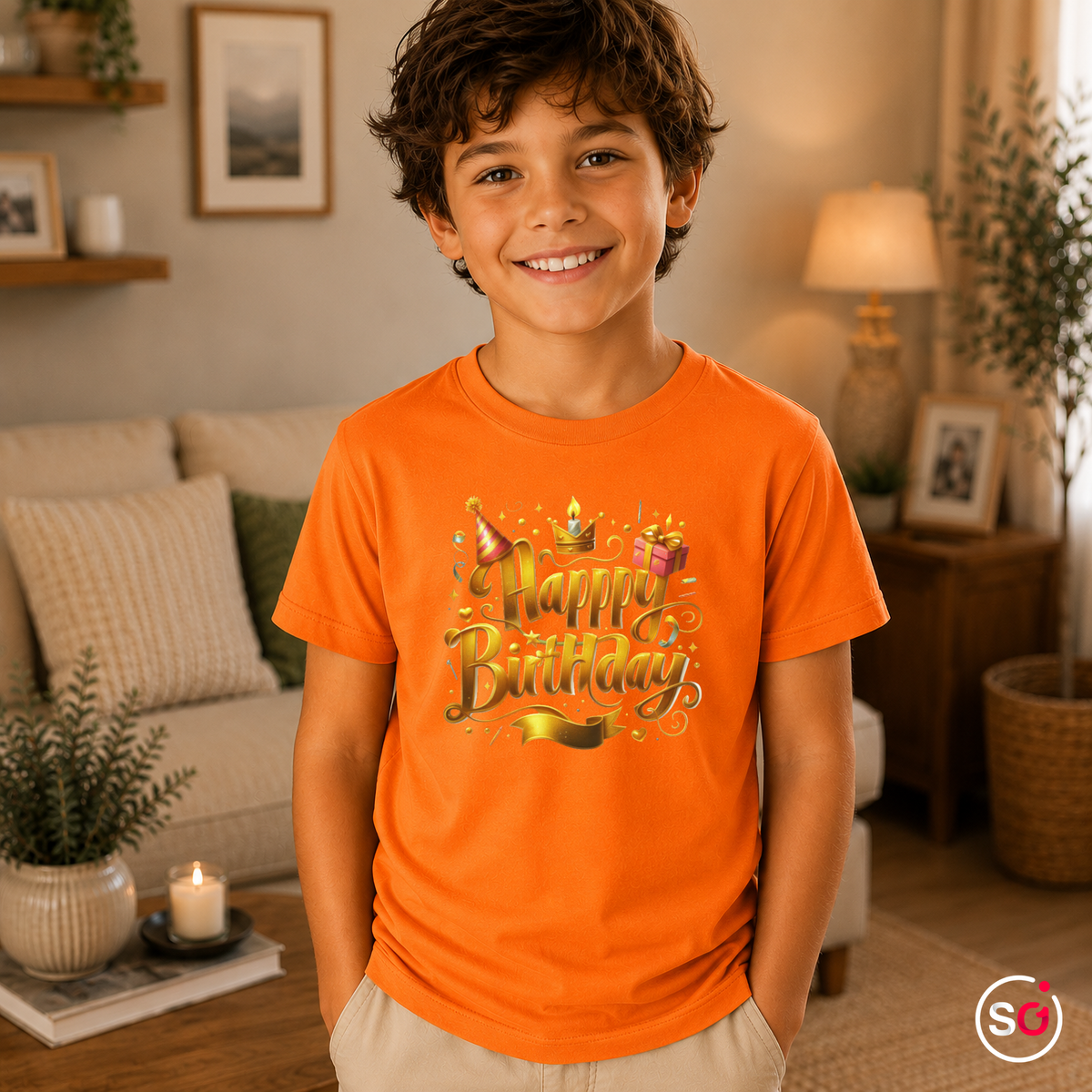 Kinder Orange – Kinder T-Shirt Happy Birthday – Goldener 3D Schriftzug mit Krone, Partyhut & Geschenk Motiv