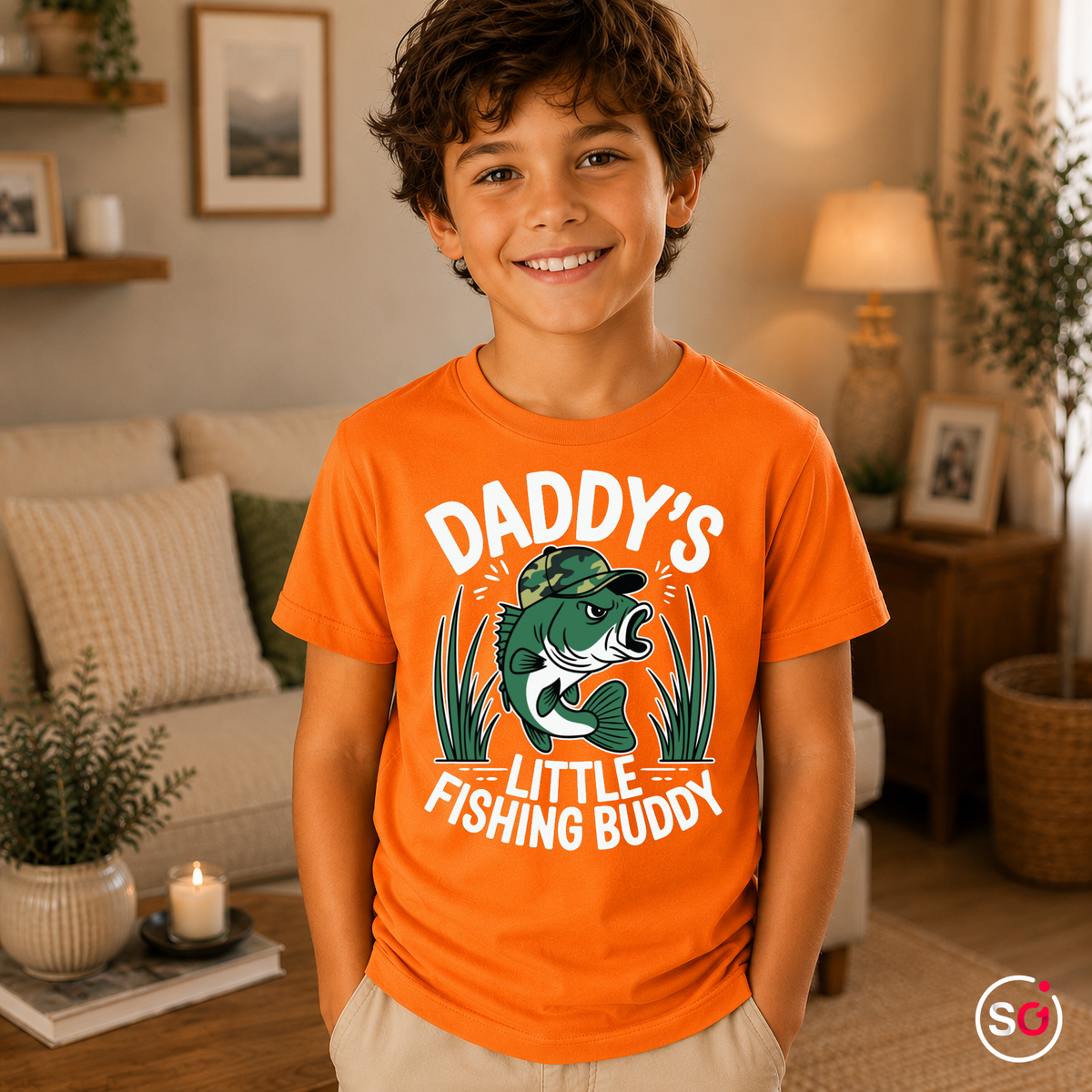 Kinder Orange – Kinder T-Shirt 'Daddy's Little Fishing Buddy' mit coolem Angler-Fisch Motiv