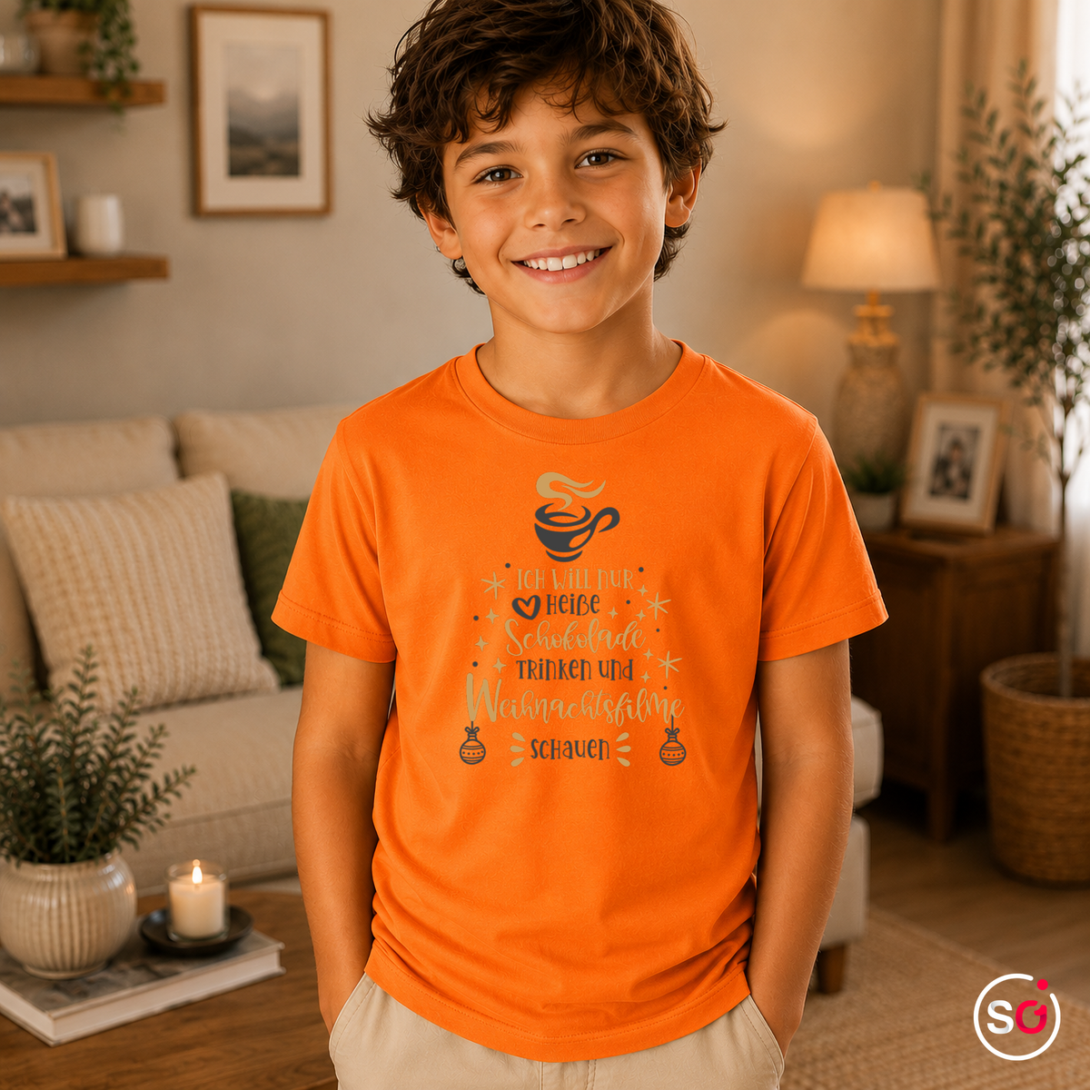 Kinder Orange – Kinder T-Shirt Weihnachten: Heiße Schokolade & Weihnachtsfilme Spruch