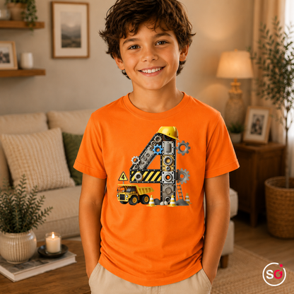 Kinder Orange – Kinder T-Shirt 4. Geburtstag | Zahl 4 als Baustelle mit Kran & Bagger