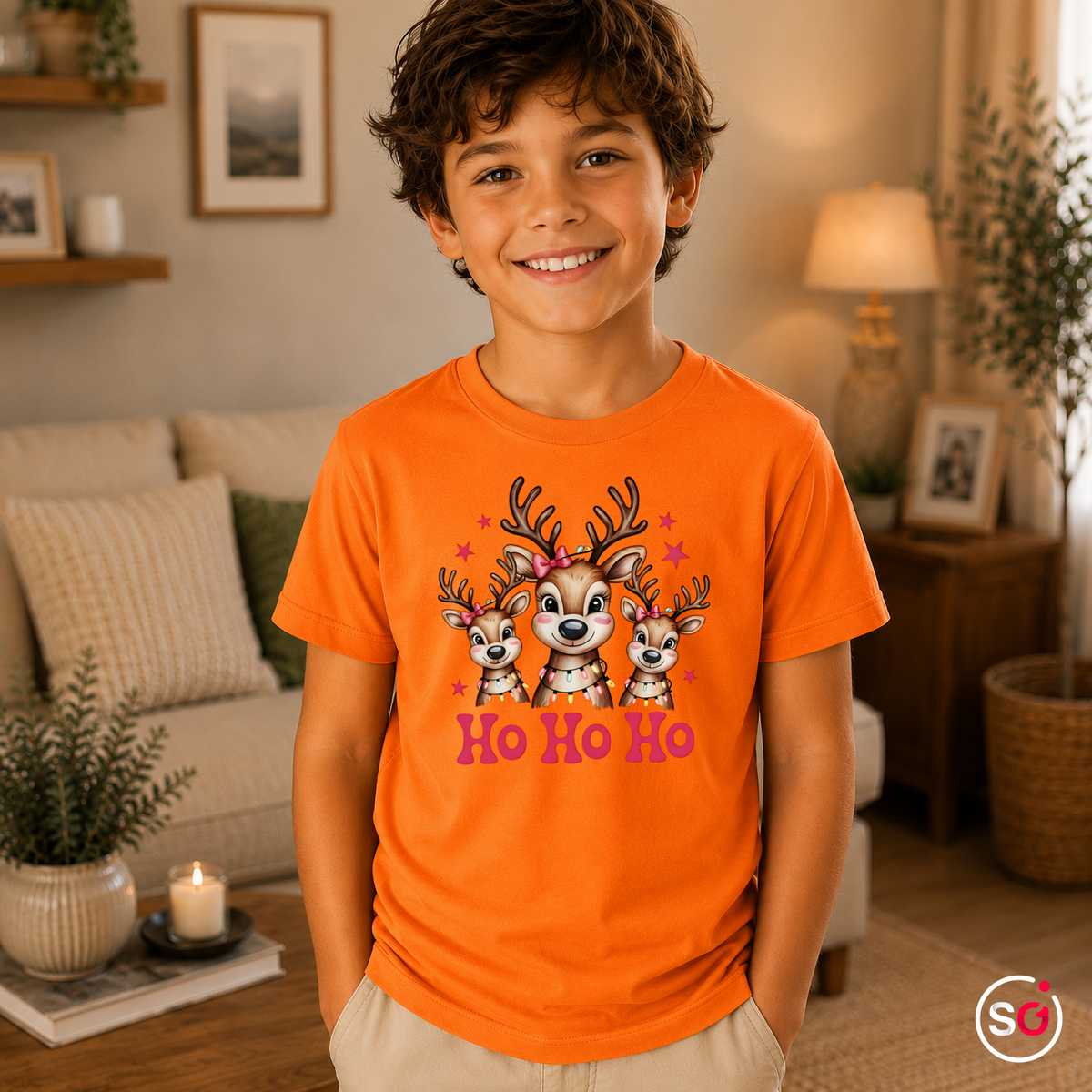 Kinder Orange – Kinder T-Shirt mit süßer Rentier-Familie und 'Ho Ho Ho' Schriftzug