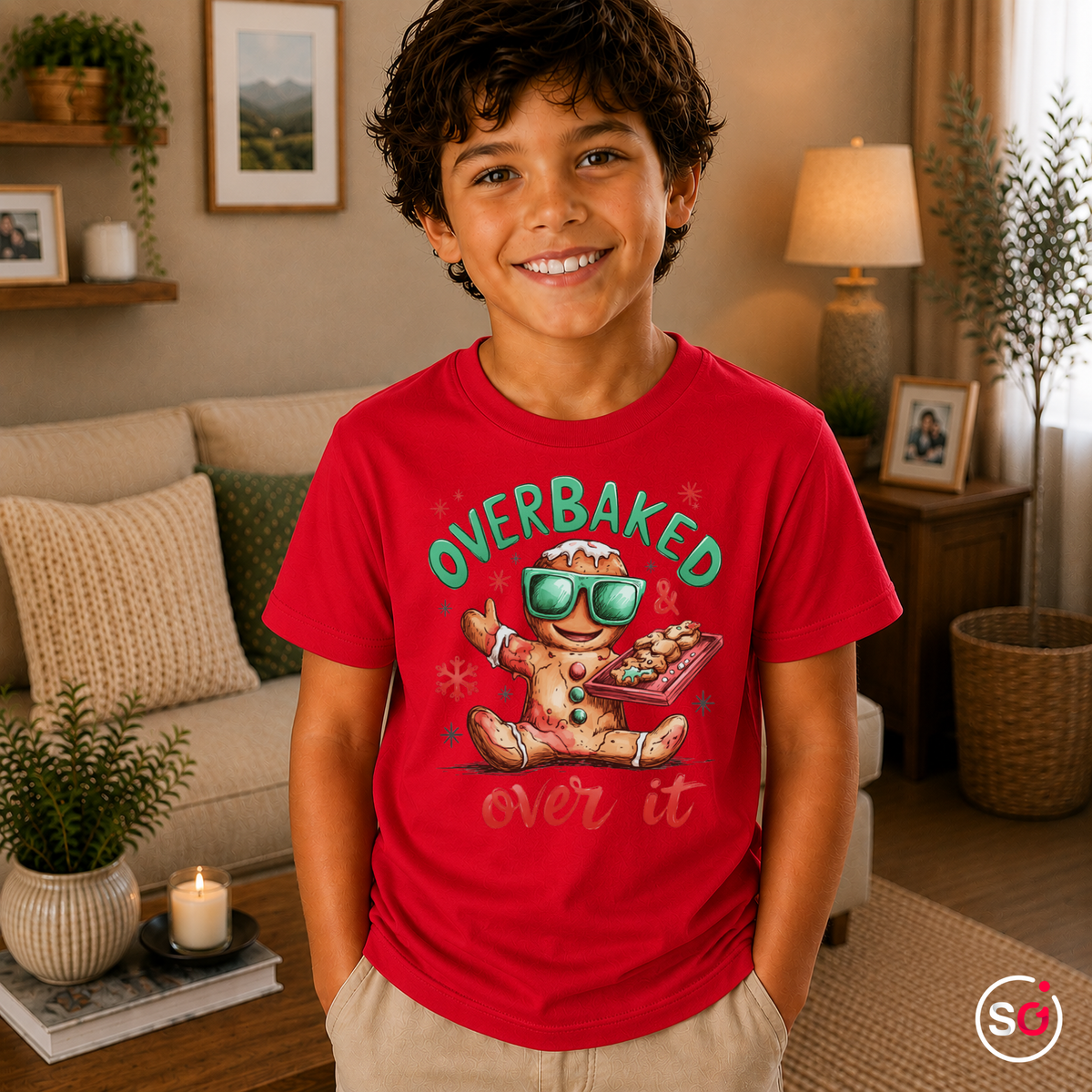 Kinder Rot – Kinder T-Shirt mit coolem Lebkuchenmann | "Overbaked & over it" Weihnachts-Spruch