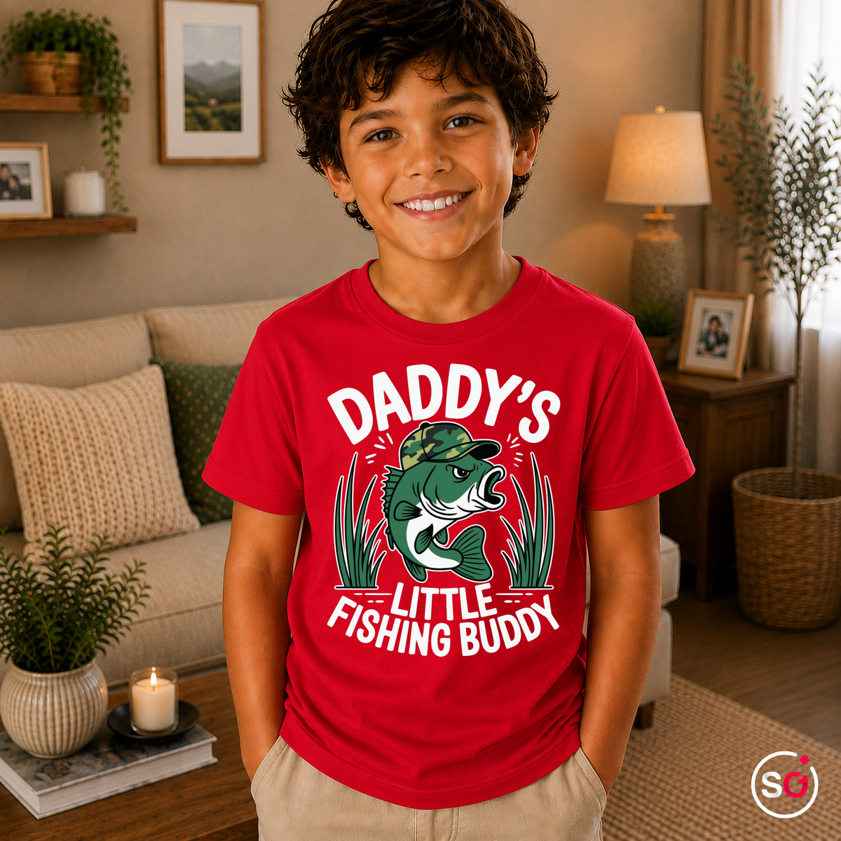Kinder Rot – Kinder T-Shirt 'Daddy's Little Fishing Buddy' mit coolem Angler-Fisch Motiv