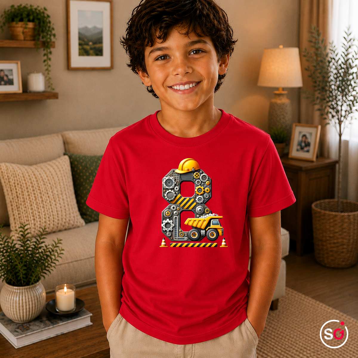 Kinder Rot – Kinder T-Shirt 8. Geburtstag | Baustellen-Design mit Kipplaster und großer Zahl Acht