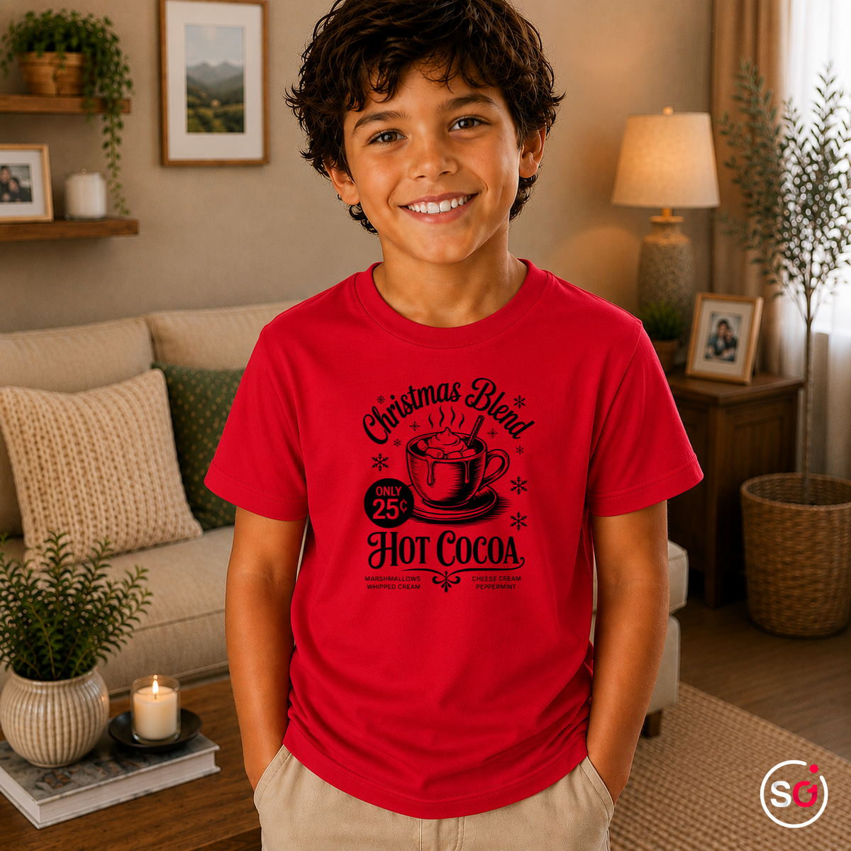 Kinder Rot – Kinder Weihnachts-T-Shirt 'Hot Cocoa' im Vintage-Werbestil