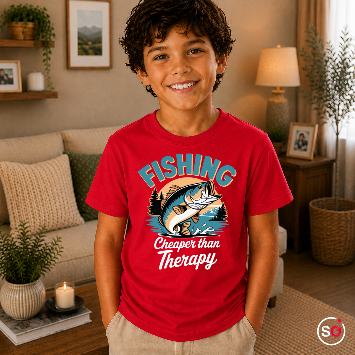 Kinder Rot – Kinder T-Shirt mit lustigem Angler-Spruch 'Fishing - Cheaper than Therapy' und Barsch-Motiv