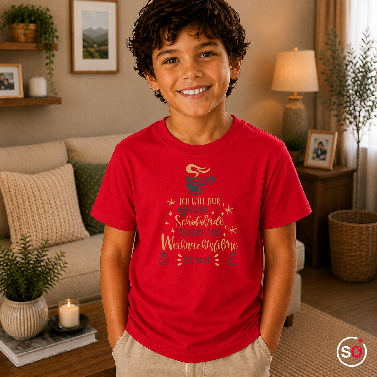 Kinder Rot – Kinder T-Shirt Weihnachten: Heiße Schokolade & Weihnachtsfilme Spruch