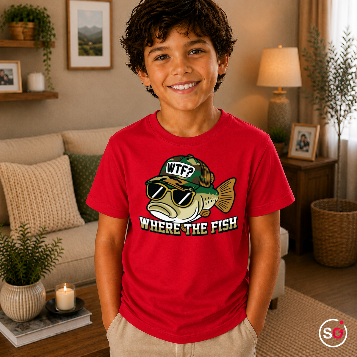 Kinder Rot – Kinder T-Shirt mit coolem Fisch-Motiv und Angler-Spruch 'WTF - Where The Fish'