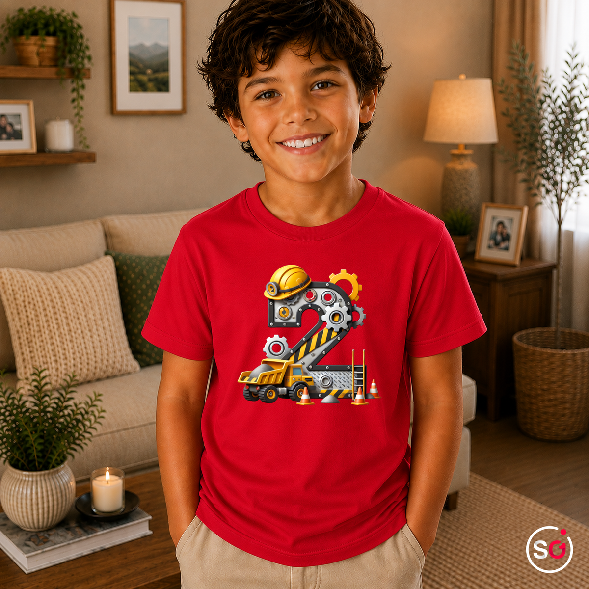 Kinder Rot – Kinder T-Shirt zum 2. Geburtstag mit Baustellen-Motiv, Bagger & Zahl 2