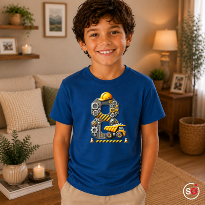 Kinder RoyalBlau – Kinder T-Shirt 8. Geburtstag | Baustellen-Design mit Kipplaster und großer Zahl Acht
