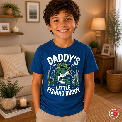 Kinder RoyalBlau – Kinder T-Shirt 'Daddy's Little Fishing Buddy' mit coolem Angler-Fisch Motiv