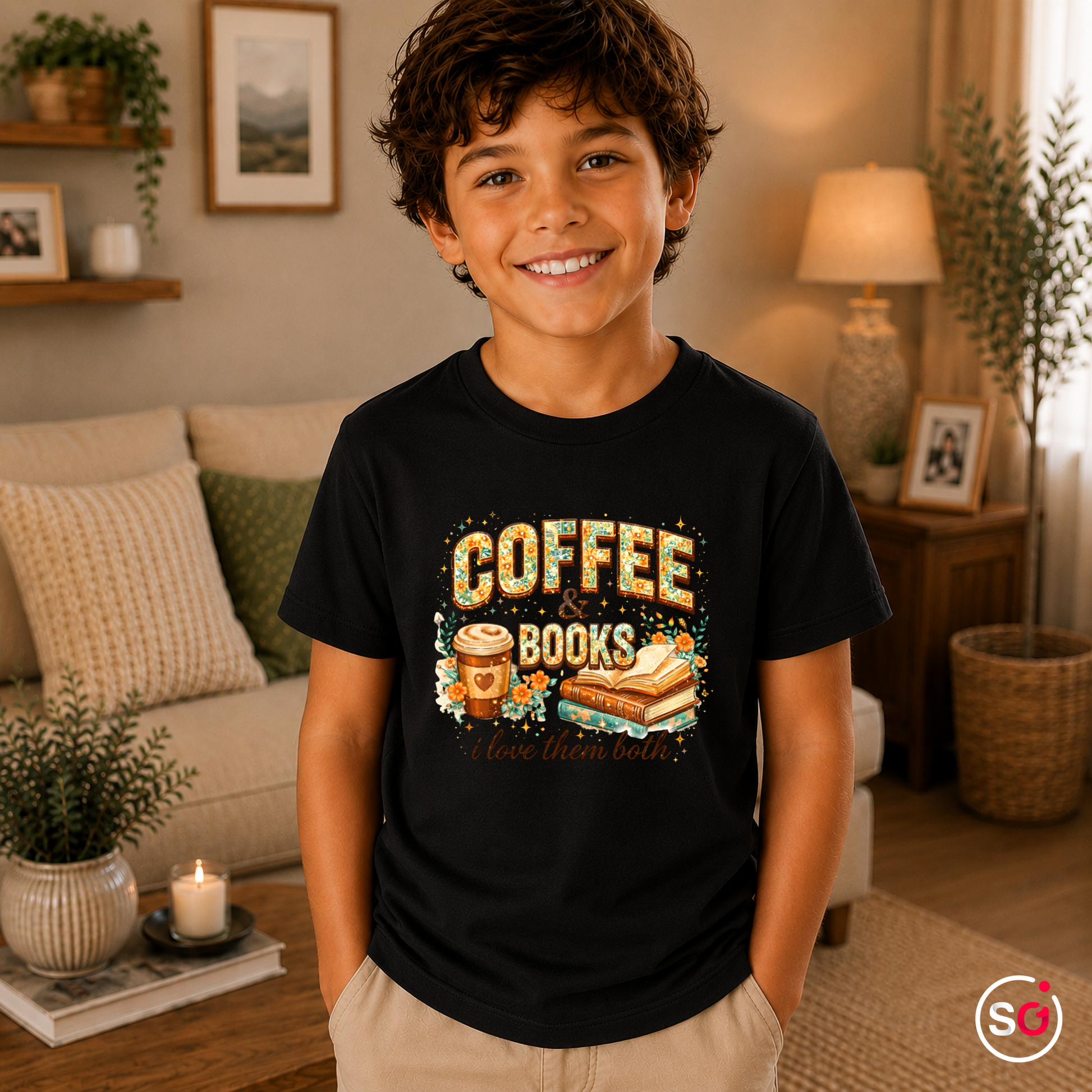 Kinder Schwarz – Kinder T-Shirt: 'Coffee & Books' Motiv mit Blumen – Ideal für kleine Leseratten