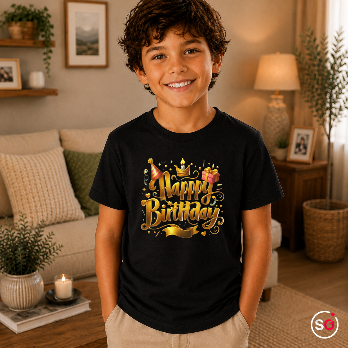 Kinder Schwarz – Kinder T-Shirt Happy Birthday – Goldener 3D Schriftzug mit Krone, Partyhut & Geschenk Motiv
