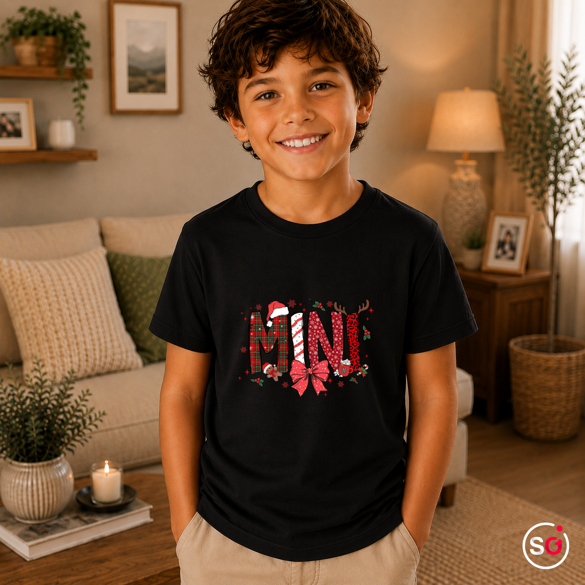 Kinder Schwarz – Kinder Weihnachts-T-Shirt 'MINI' mit Zuckerstange, Rentier & Karo-Muster