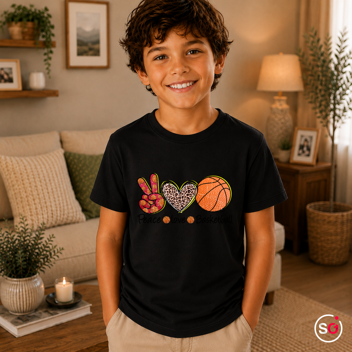 Kinder Schwarz – Kinder T-Shirt | Peace Love Basketball | Design mit Leoparden-Herz & Peace-Zeichen