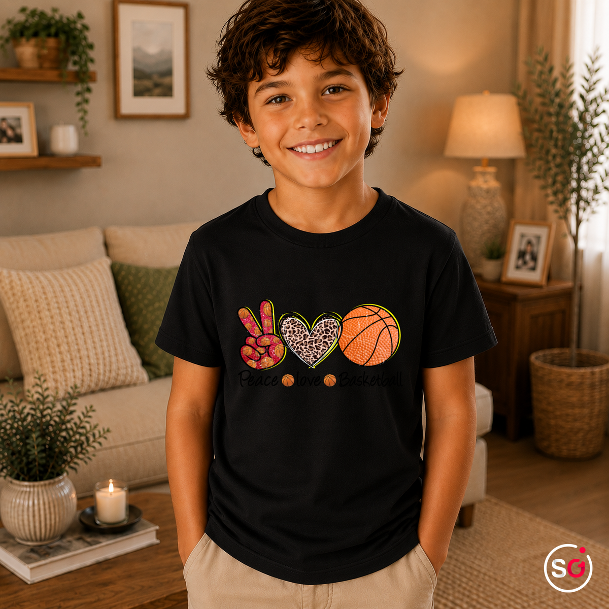Kinder Schwarz – Kinder T-Shirt | Peace Love Basketball | Design mit Leoparden-Herz & Peace-Zeichen