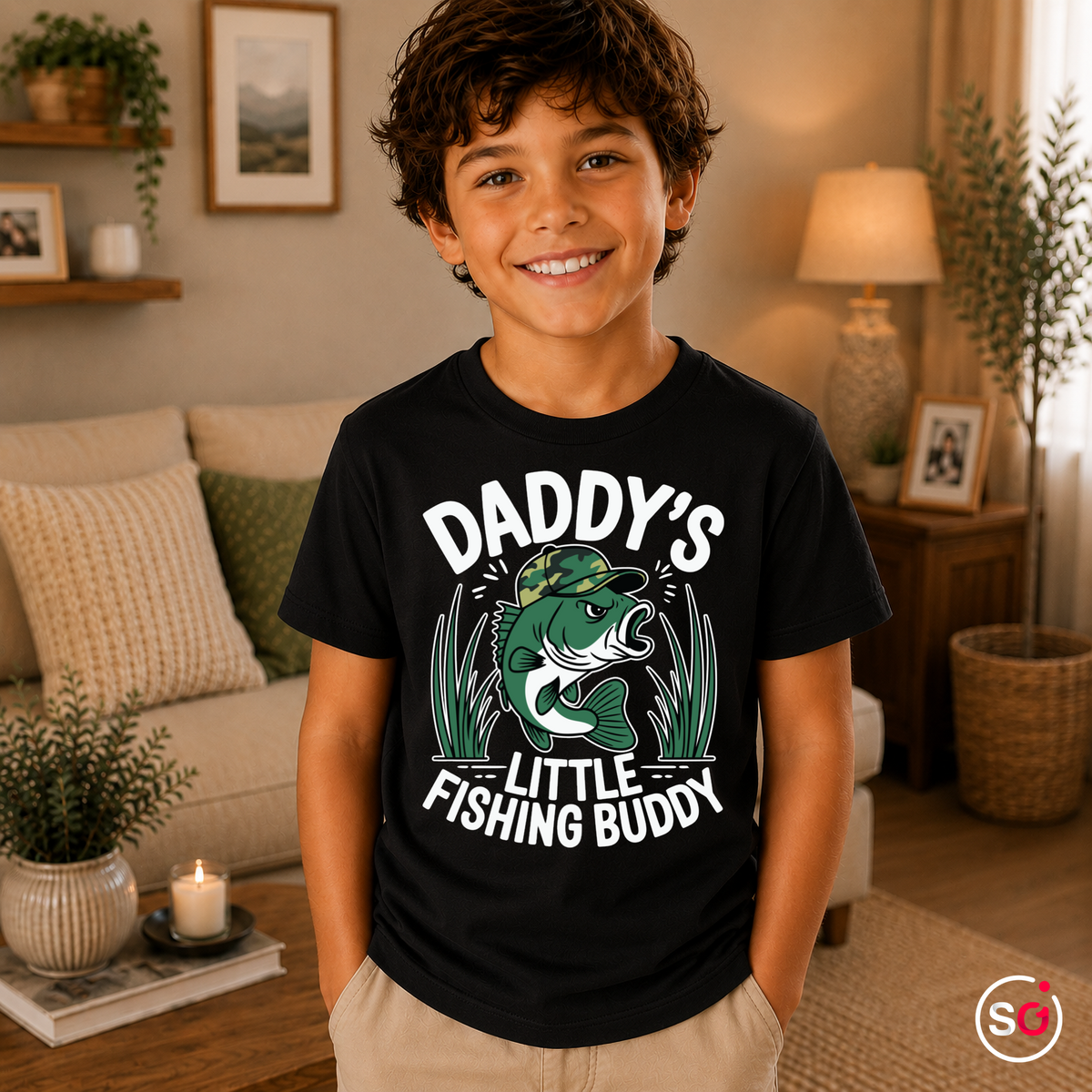 Kinder Schwarz – Kinder T-Shirt 'Daddy's Little Fishing Buddy' mit coolem Angler-Fisch Motiv