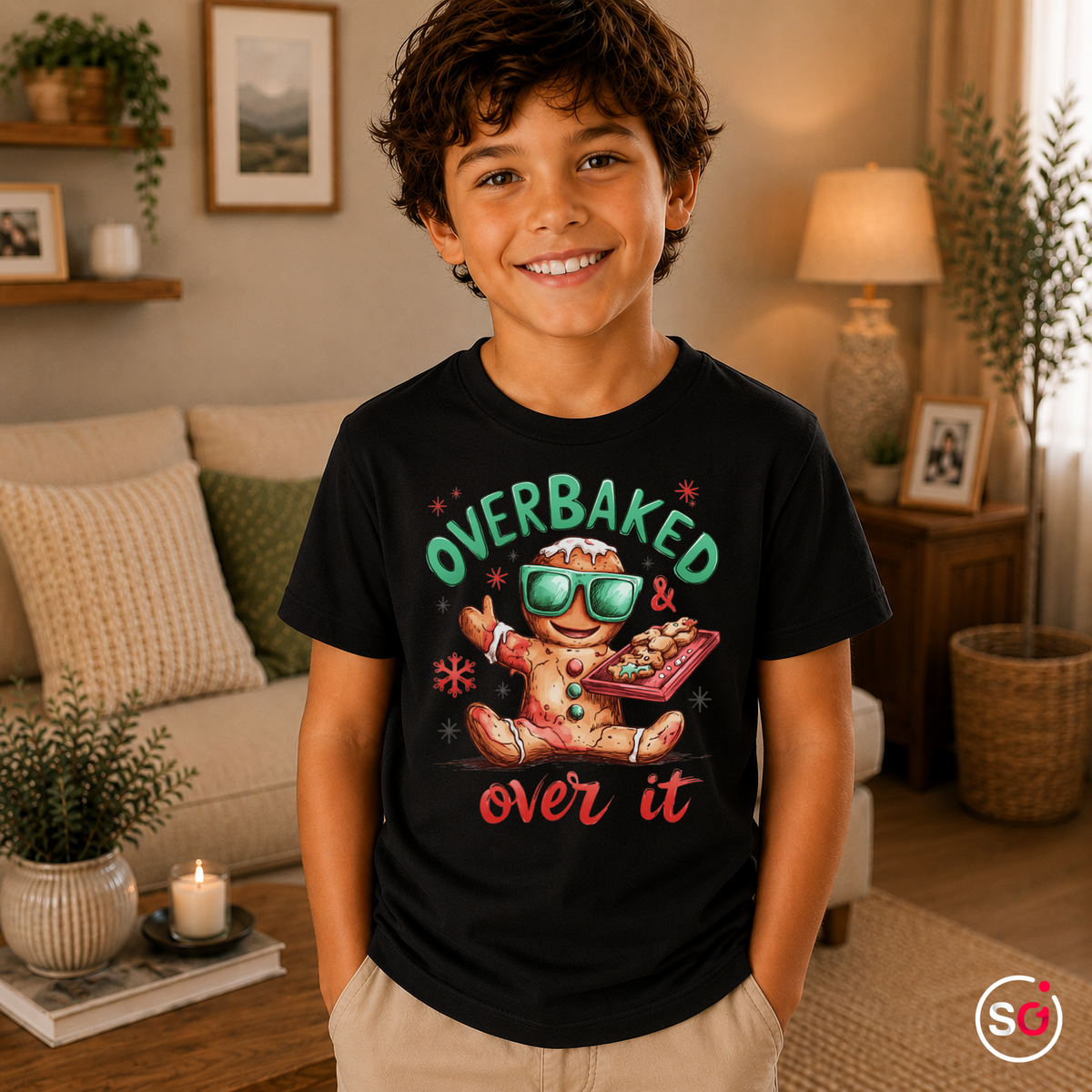 Kinder Schwarz – Kinder T-Shirt mit coolem Lebkuchenmann | "Overbaked & over it" Weihnachts-Spruch