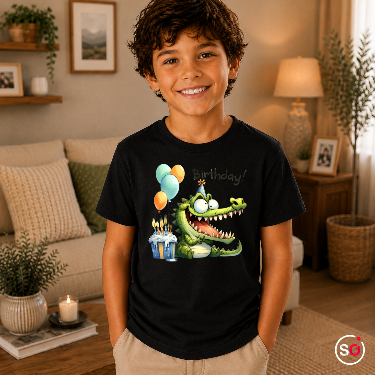 Kinder Schwarz – Lustiges Geburtstags-Krokodil T-Shirt für Kinder mit Kuchen & Ballons