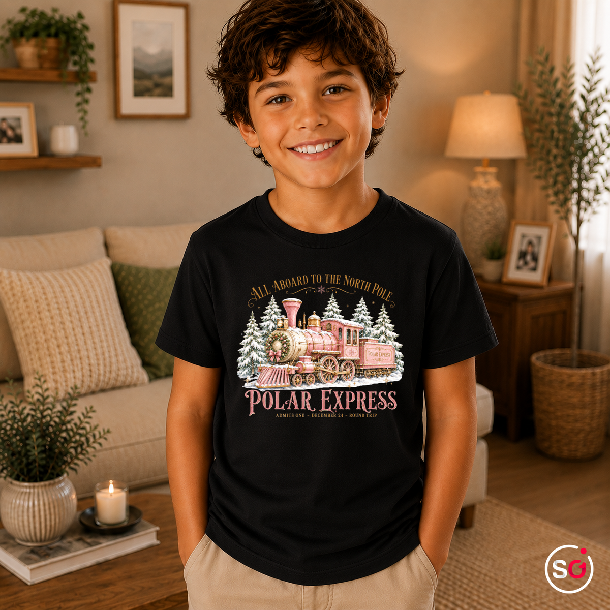 Kinder Schwarz – Kinder T-Shirt Polar Express | Weihnachtlicher Zug zum Nordpol im Winterwald