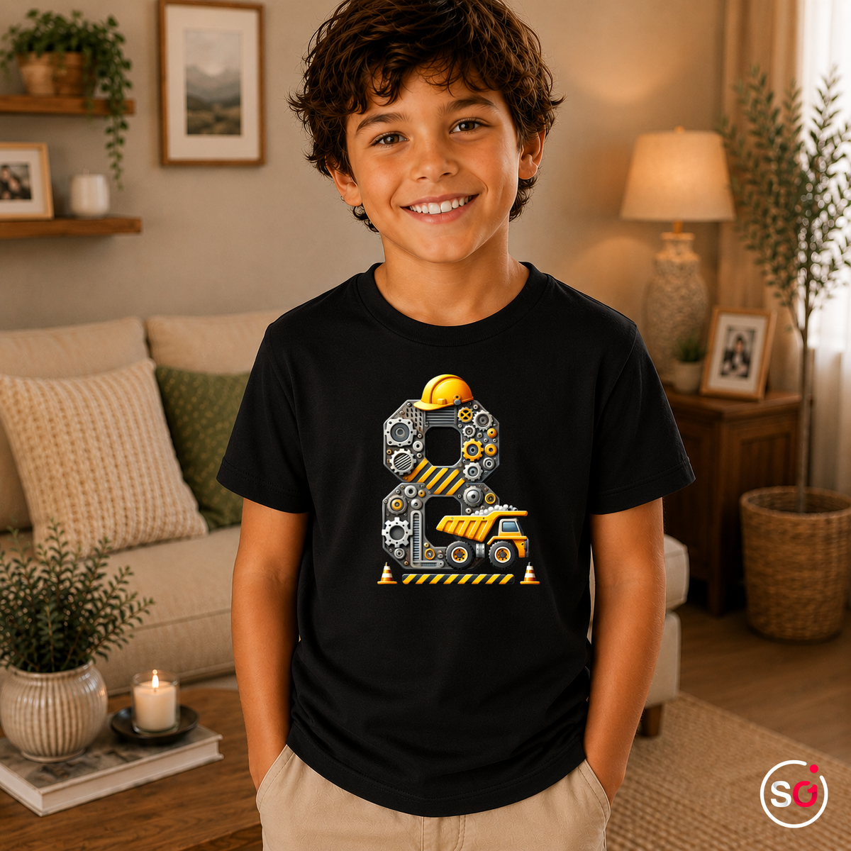 Kinder Schwarz – Kinder T-Shirt 8. Geburtstag | Baustellen-Design mit Kipplaster und großer Zahl Acht