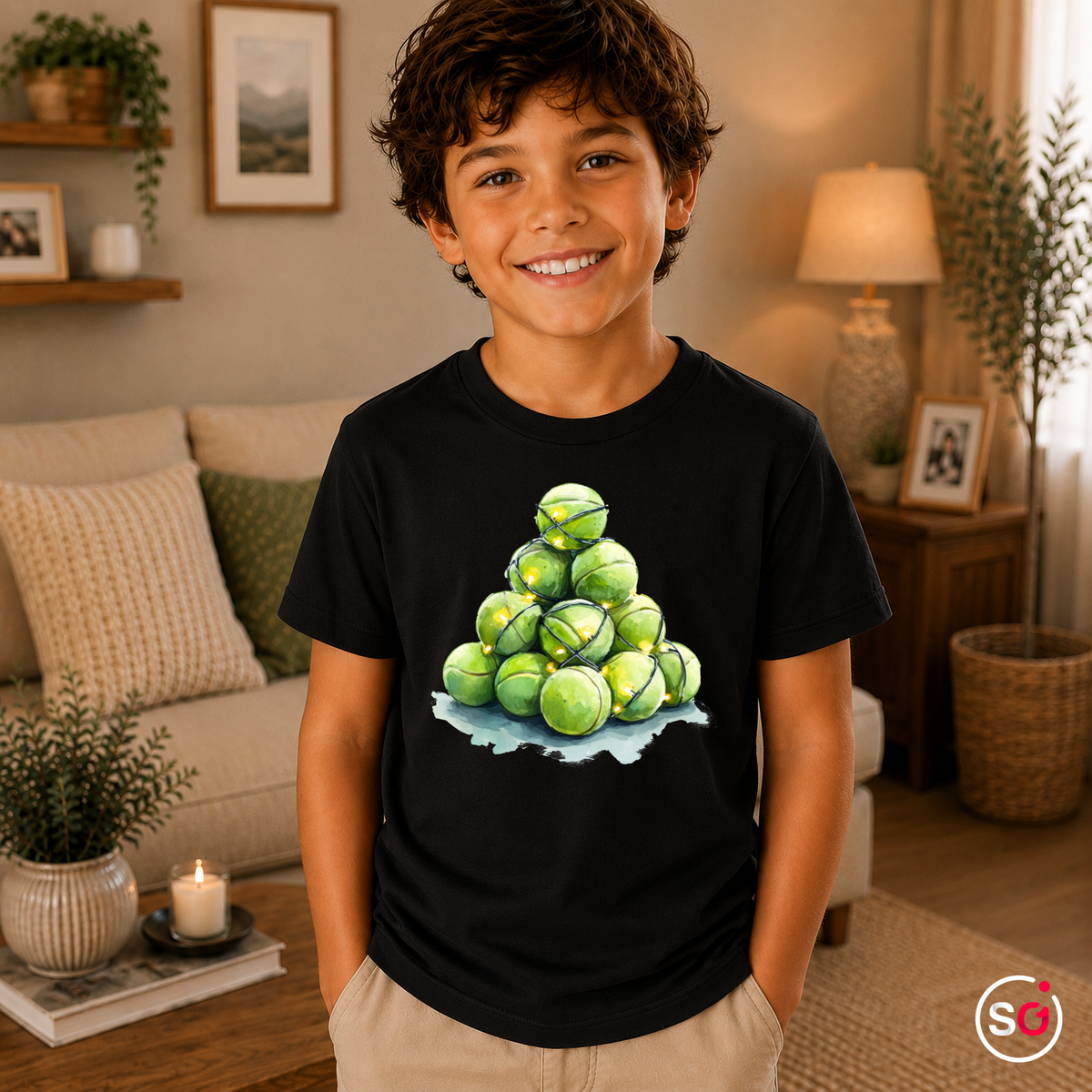 Kinder Schwarz – Kinder T-Shirt mit Tennisball-Weihnachtsbaum & Lichterkette