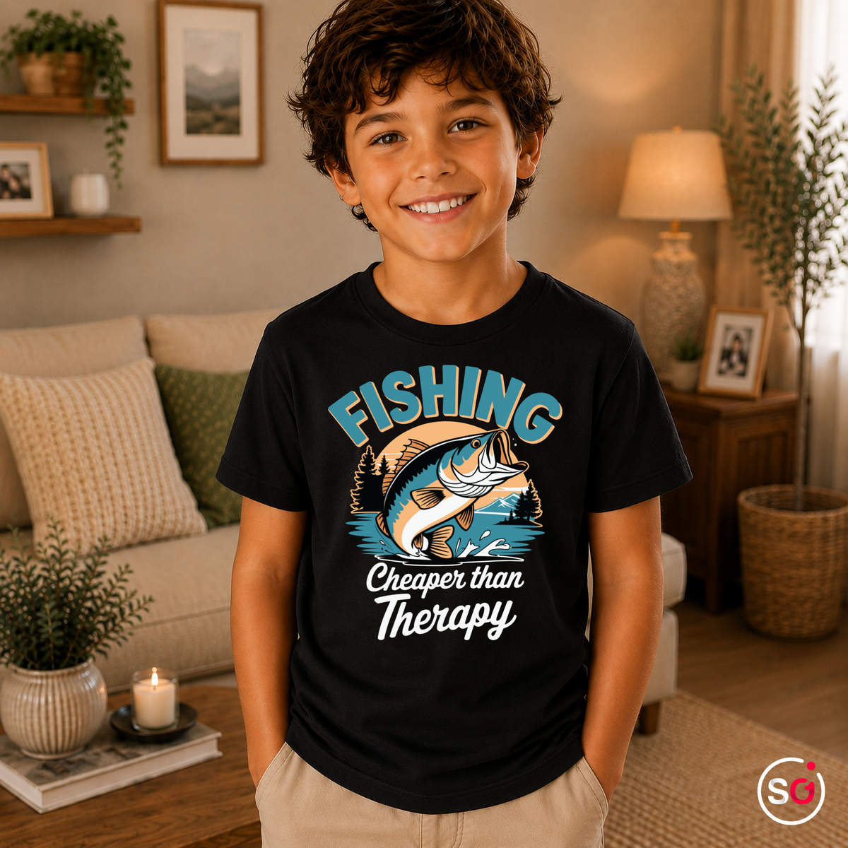 Kinder Schwarz – Kinder T-Shirt mit lustigem Angler-Spruch 'Fishing - Cheaper than Therapy' und Barsch-Motiv