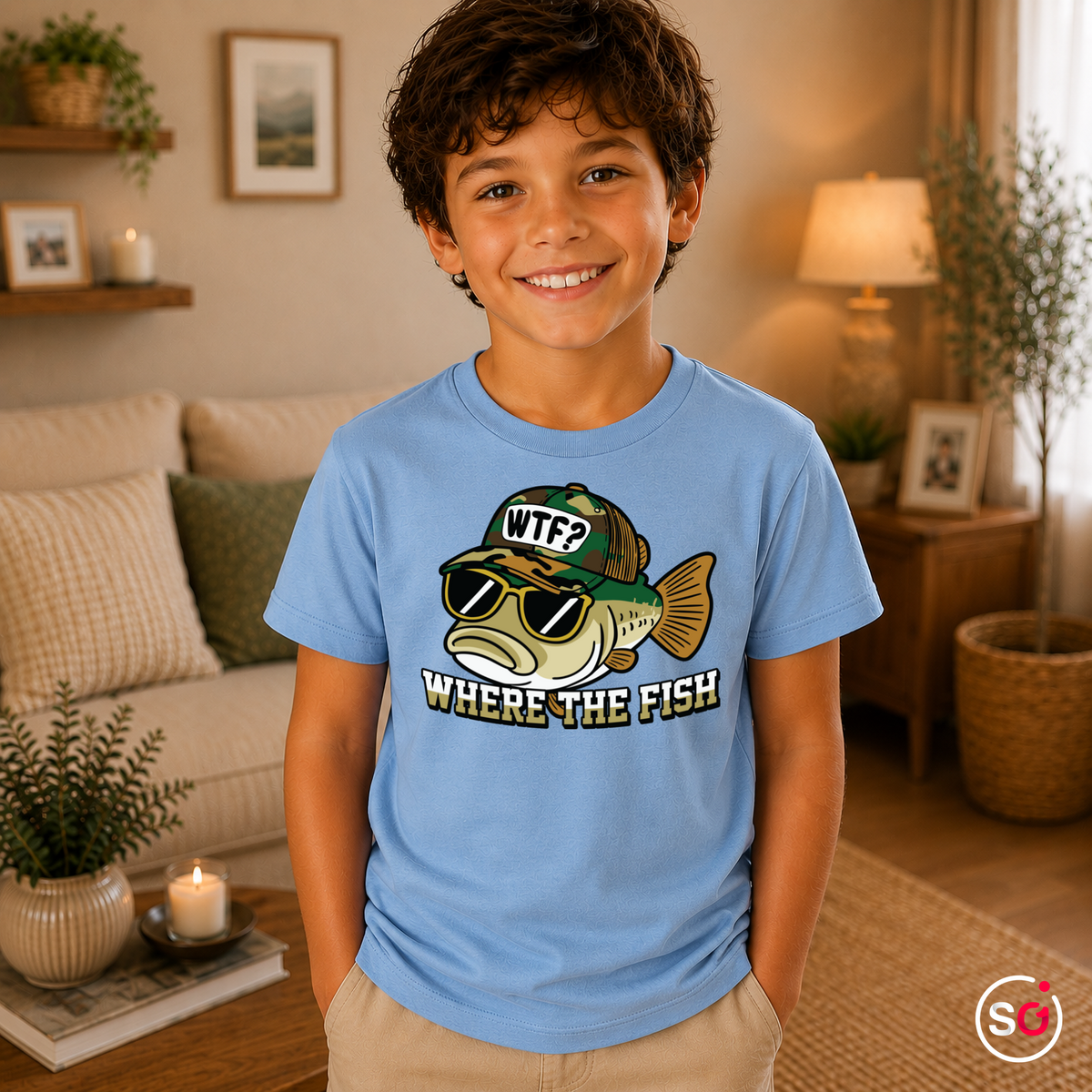 Kinder SkyBlau – Kinder T-Shirt mit coolem Fisch-Motiv und Angler-Spruch 'WTF - Where The Fish'