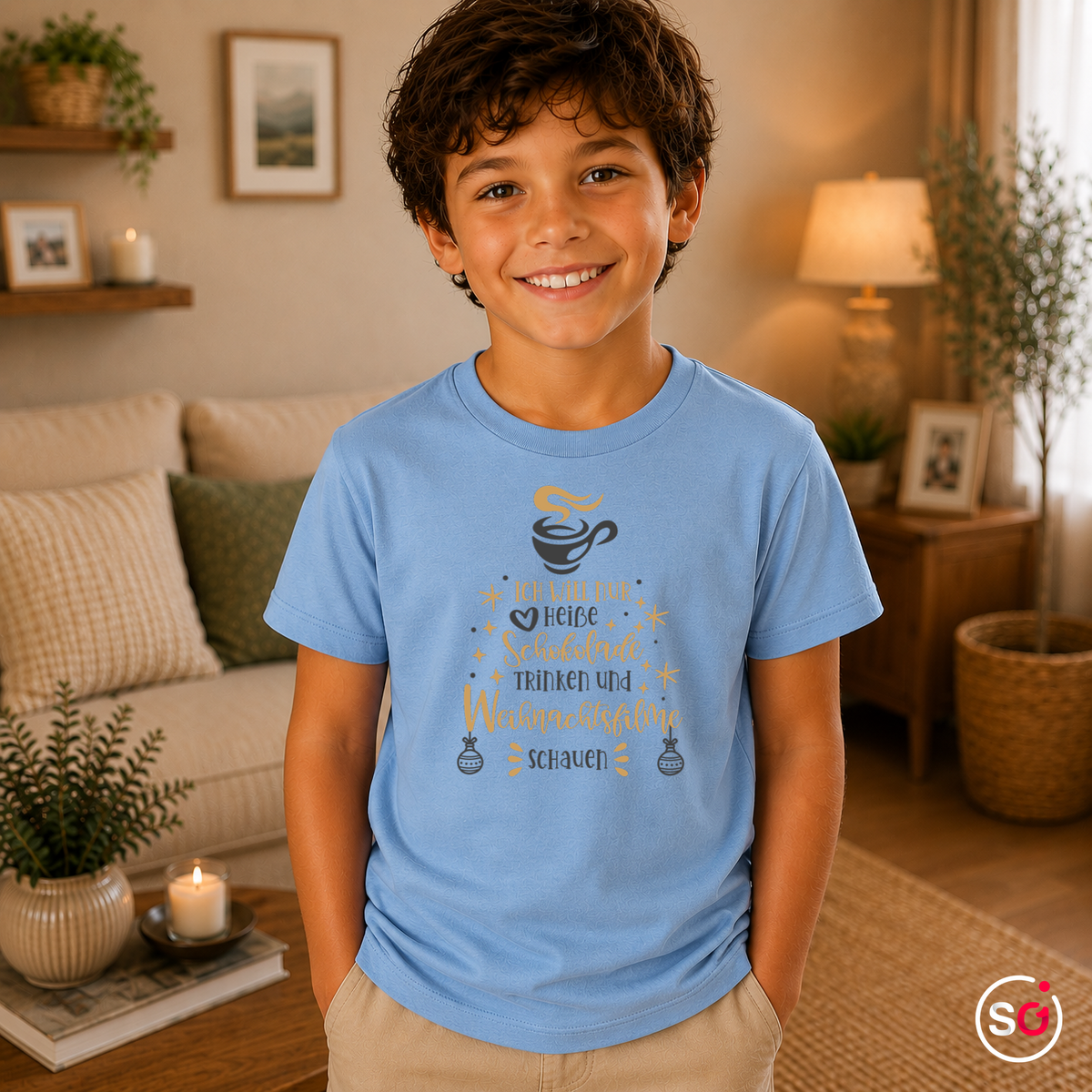 Kinder SkyBlau – Kinder T-Shirt Weihnachten: Heiße Schokolade & Weihnachtsfilme Spruch