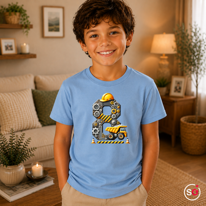 Kinder SkyBlau – Kinder T-Shirt 8. Geburtstag | Baustellen-Design mit Kipplaster und großer Zahl Acht