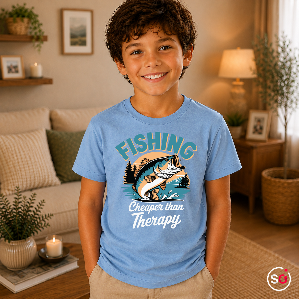 Kinder SkyBlau – Kinder T-Shirt mit lustigem Angler-Spruch 'Fishing - Cheaper than Therapy' und Barsch-Motiv