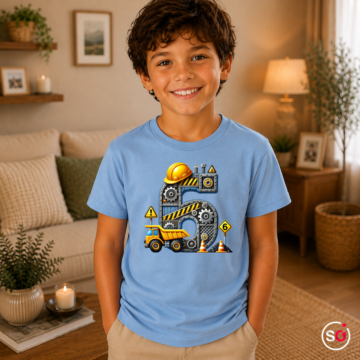 Kinder SkyBlau – Kinder T-Shirt zum 5. Geburtstag mit coolem Baustellen-Motiv, Bagger und großer Zahl Fünf