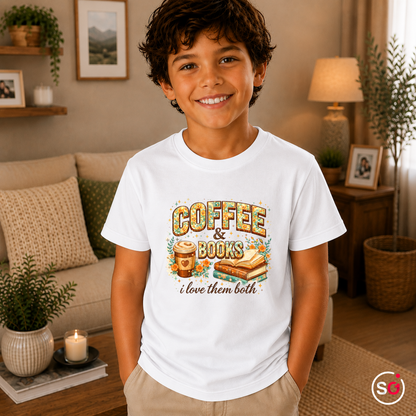 Kinder Weiß – Kinder T-Shirt: 'Coffee & Books' Motiv mit Blumen – Ideal für kleine Leseratten