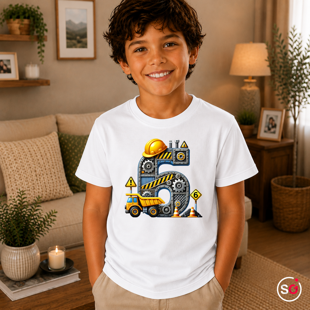 Kinder Weiß – Kinder T-Shirt zum 5. Geburtstag mit coolem Baustellen-Motiv, Bagger und großer Zahl Fünf