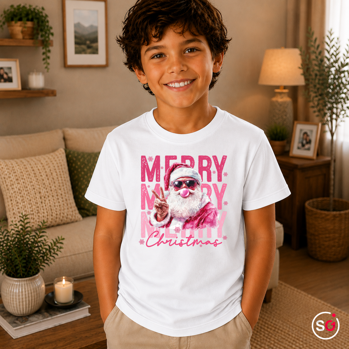 Kinder Weiß – Kinder T-Shirt mit coolem Weihnachtsmann | Santa mit Kaugummi-Blase & Peace-Zeichen in Pink