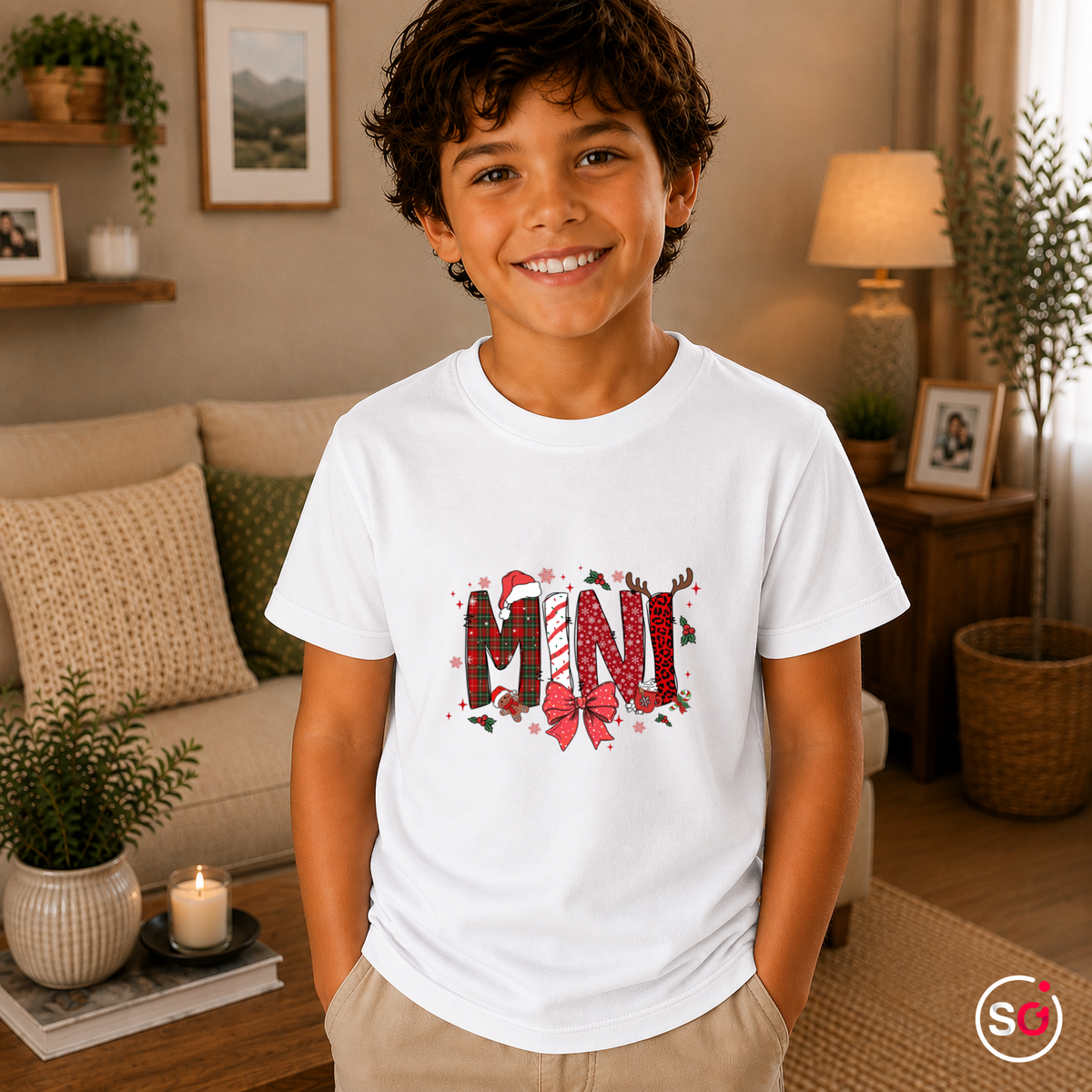Kinder Weiß – Kinder Weihnachts-T-Shirt 'MINI' mit Zuckerstange, Rentier & Karo-Muster