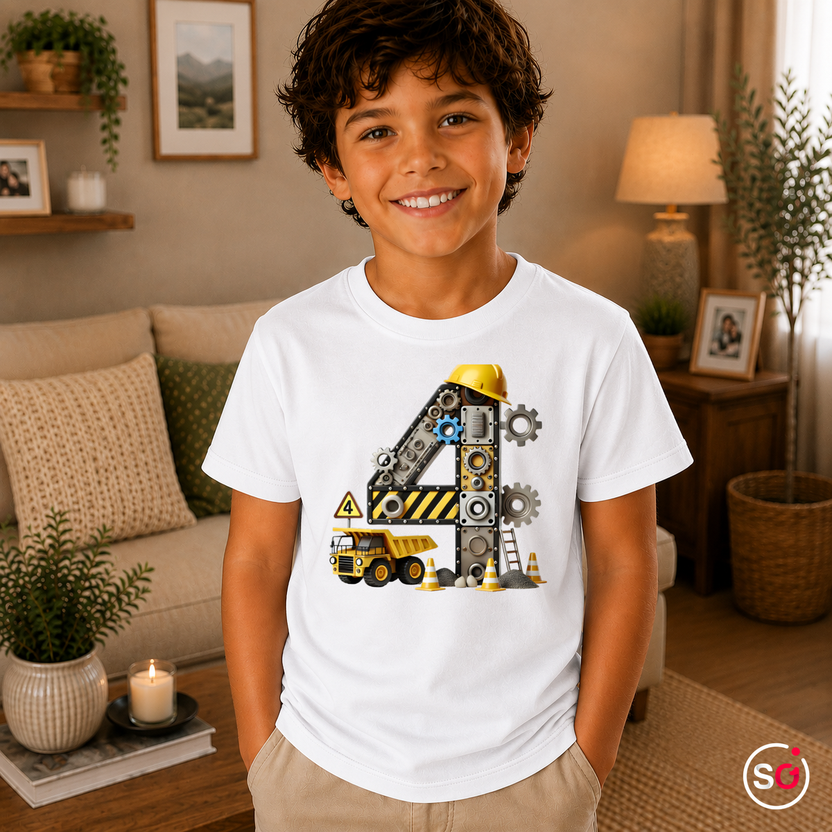 Kinder Weiß – Kinder T-Shirt 4. Geburtstag | Zahl 4 als Baustelle mit Kran & Bagger