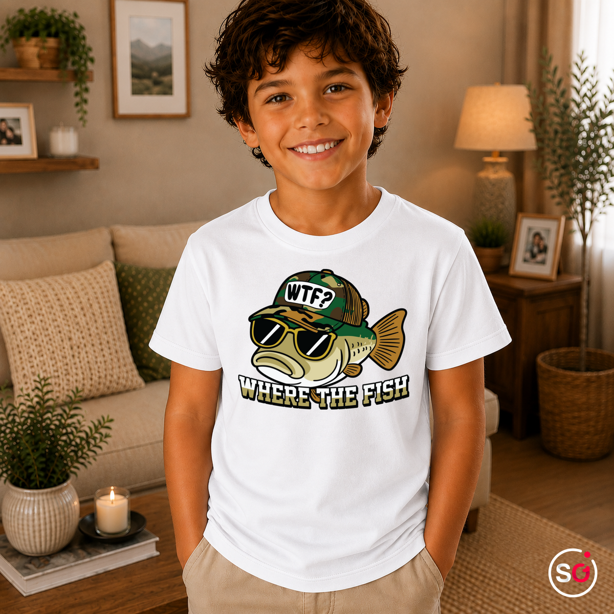 Kinder Weiß – Kinder T-Shirt mit coolem Fisch-Motiv und Angler-Spruch 'WTF - Where The Fish'