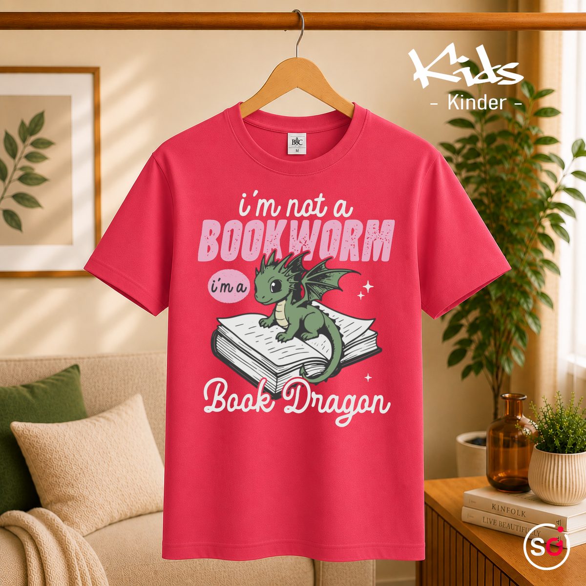 Kinder Fuchsia – Kinder T-Shirt: 'I'm not a Bookworm, I'm a Book Dragon' – Süßer Lesedrachen Motiv