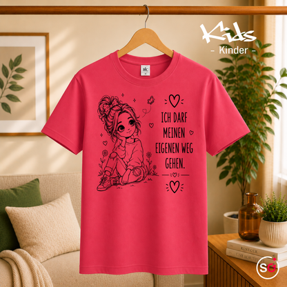 Kinder Fuchsia – Kinder T-Shirt „Ich darf meinen eigenen Weg gehen“ | Motiv für Mädchen mit Spruch & Herzen