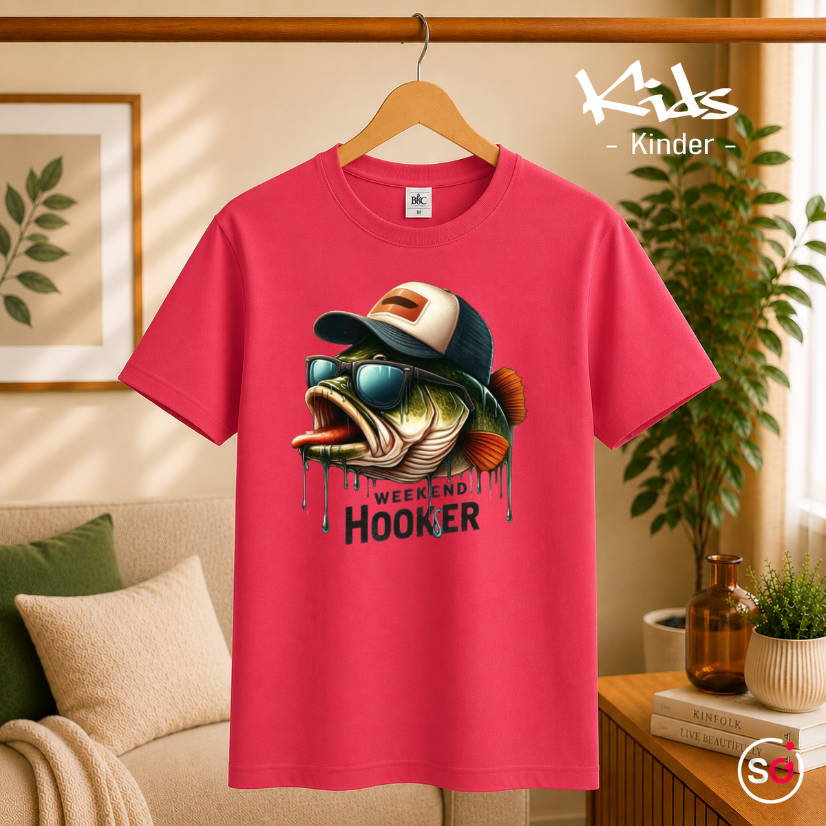 Kinder Fuchsia – Kinder T-Shirt 'Weekend Hooker' mit coolem Angler-Fisch & Cappy