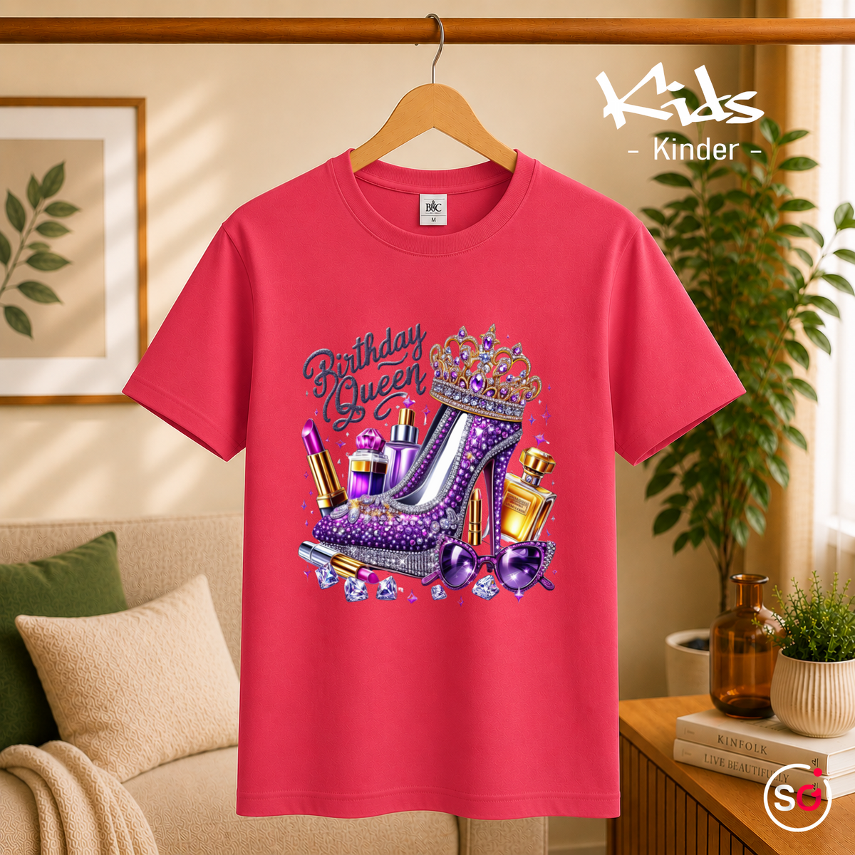 Kinder Fuchsia – Kinder T-Shirt Birthday Queen mit Glitzer High Heel, Krone & Make-Up Motiv