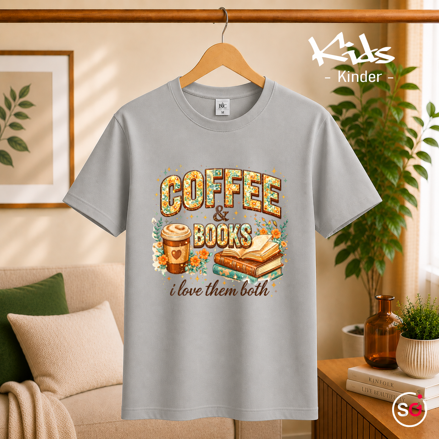 Kinder Grau – Kinder T-Shirt: 'Coffee & Books' Motiv mit Blumen – Ideal für kleine Leseratten