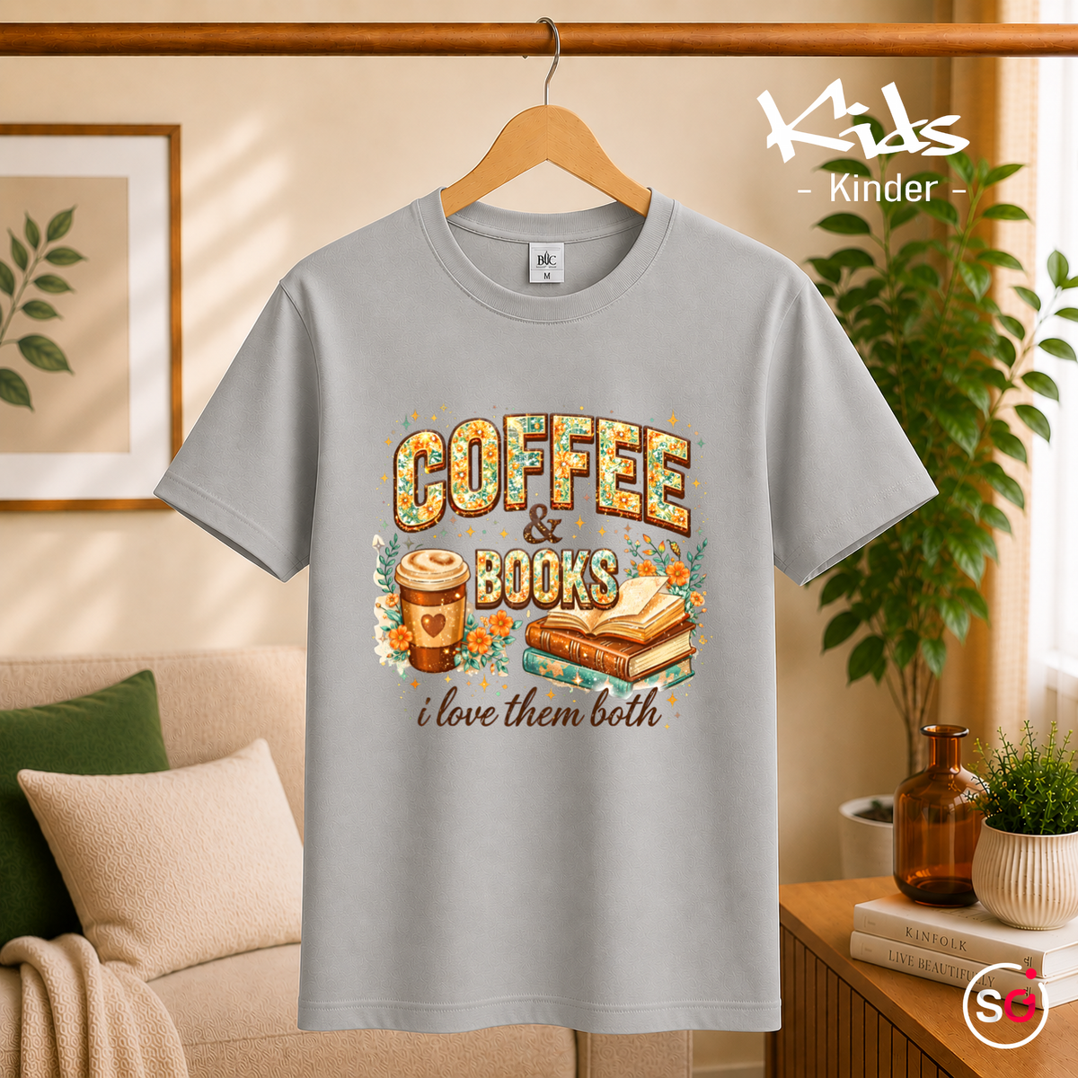 Kinder Grau – Kinder T-Shirt: 'Coffee & Books' Motiv mit Blumen – Ideal für kleine Leseratten