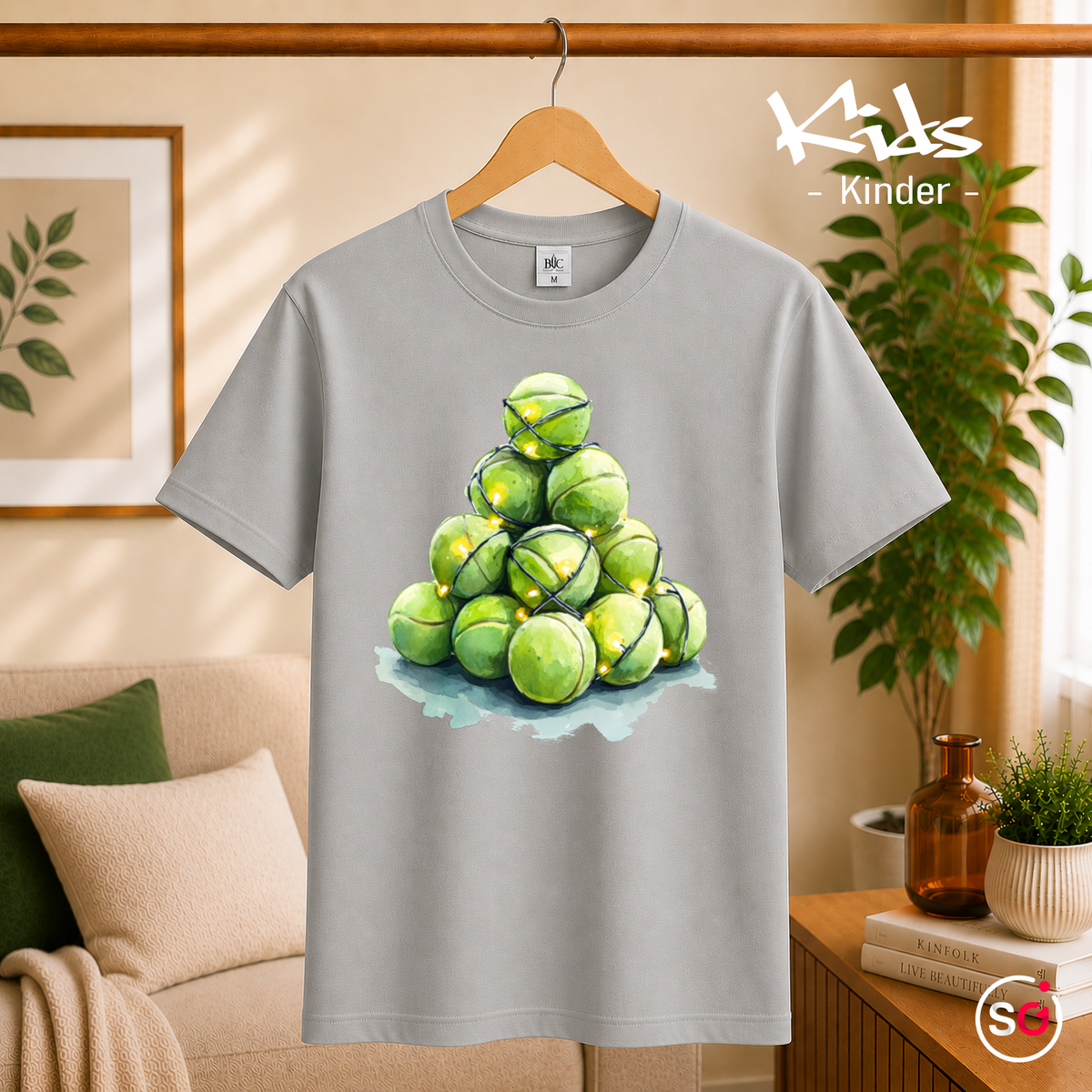 Kinder Grau – Kinder T-Shirt mit Tennisball-Weihnachtsbaum & Lichterkette