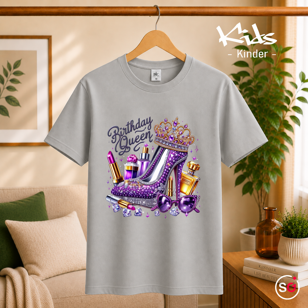 Kinder Grau – Kinder T-Shirt Birthday Queen mit Glitzer High Heel, Krone & Make-Up Motiv