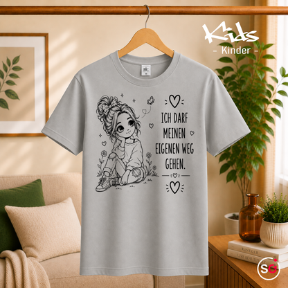 Kinder Grau – Kinder T-Shirt „Ich darf meinen eigenen Weg gehen“ | Motiv für Mädchen mit Spruch & Herzen